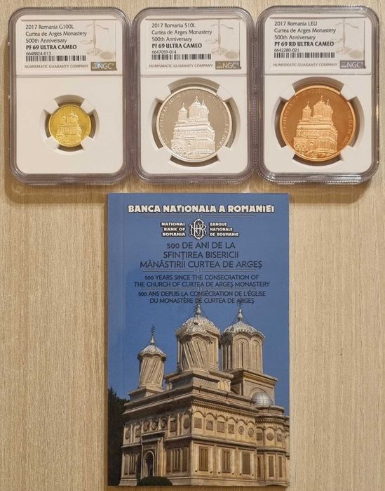 Set 3 monede BNR, aur, argint, tombac Curtea de Argeș gradate NGC PF69