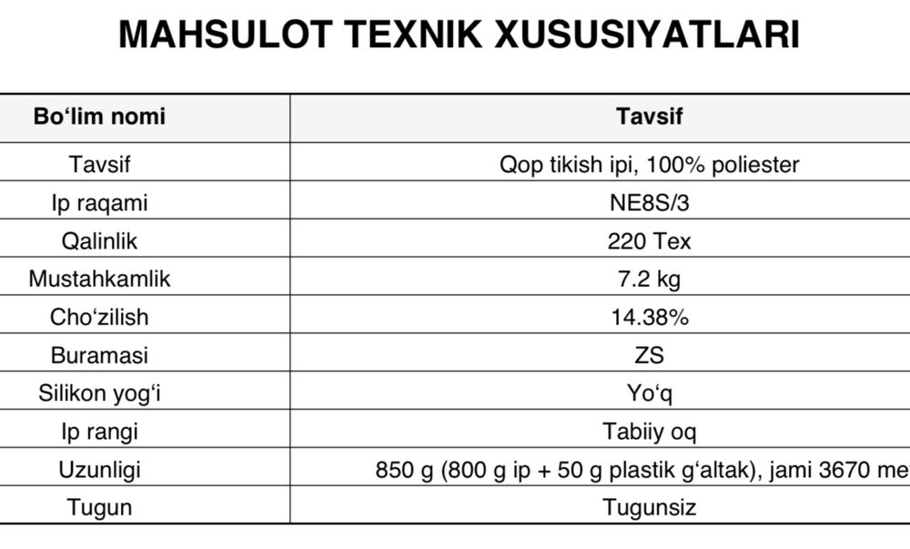 Qop tikadigan ip 100% Poliestr 800 gramlidan