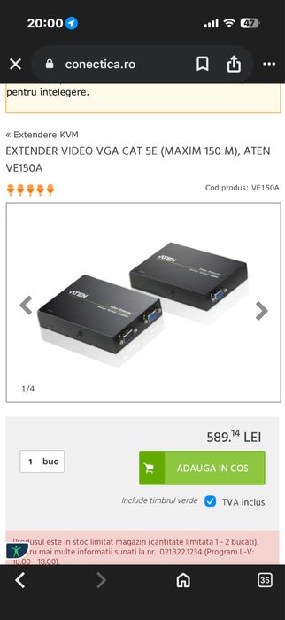 Extender VGA ATEN  Utp to Vga 150 de metri
