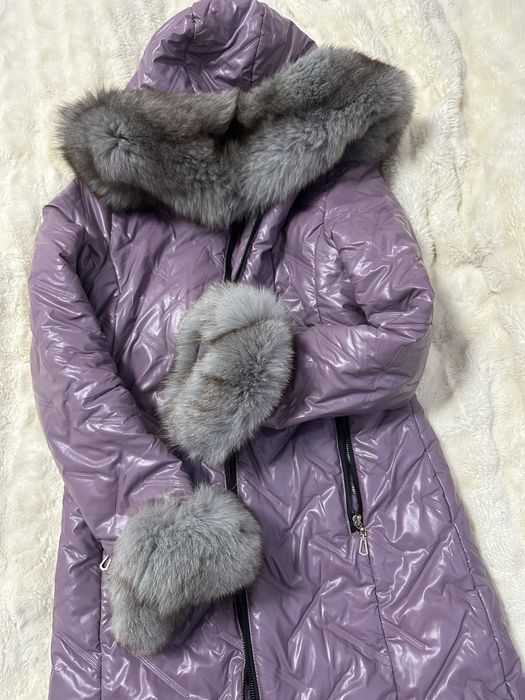 Geaca lunga matlasata cu blana de vulpe