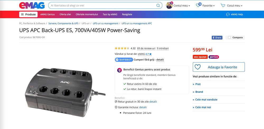 Sursa APC Back-UPS ES 700 cu 8 Prize Schuko si Baterie Noua