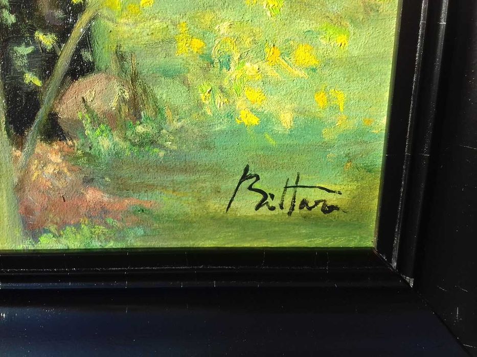 Tablou vechi - peisaj cu 2 cabane - semnat Bittar