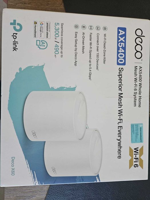 Sistem Mesh Wi-Fi TP-Link Deco X60 V3.20 (2-pack), AX5400, Dual-Band, Wi-Fi 6, AI-Driven Mesh, Antivirus, Control Parental/Vocal,  acoperire completa