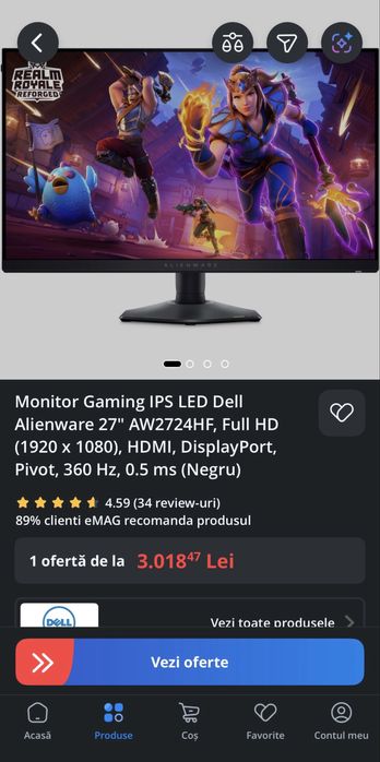 Monitor Gaming IPS LED Dell Alienware 27” AW2724HF FULL HD / HDMI DisplayPort / 360hz 0.5 ms