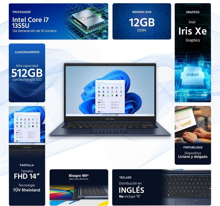 ASUS Vivobook 14" FHD Intel Core i7-1355U, 1.7GHz, 12GB RAM, 512GB SSD