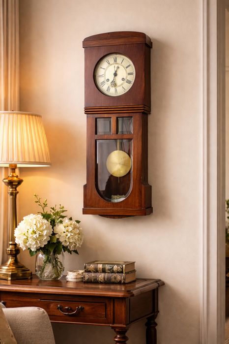 Pendula, ceas de perete antic Art-Deco cutie din lemn furnuruita, geam