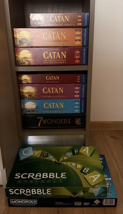 Настолни игри Catan и разширения; 7 Wonders; Monopoly; Black stories
