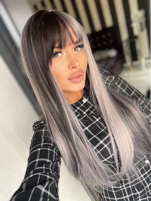Peruca ombre gri brunet lunga