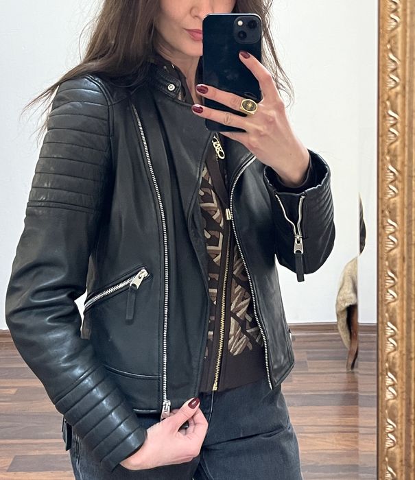 Zara, geacă neagră din piele naturală, feronerie argintie, biker