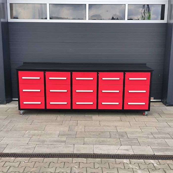 Dulap pentru scule din oțel, vopsit în roșu – 15 sertare