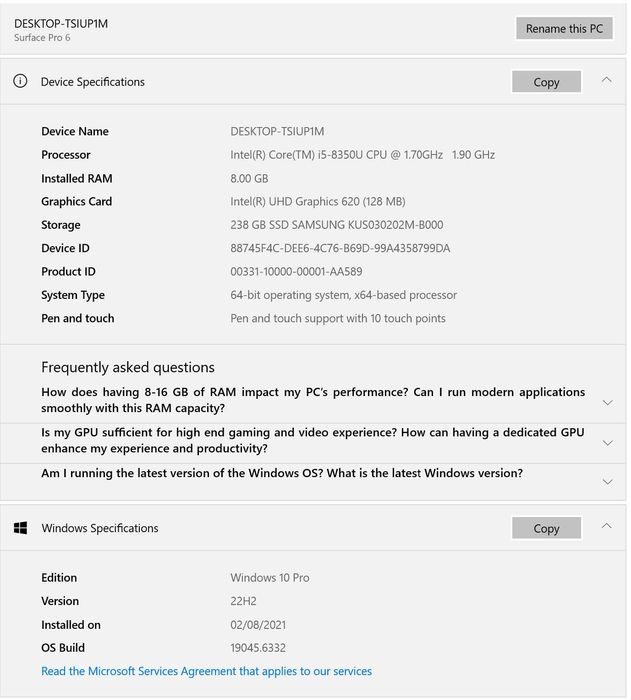 Microsoft Surface Pro 6 8GB RAM 256GB Storage SSD Graphic Card 128 Mb