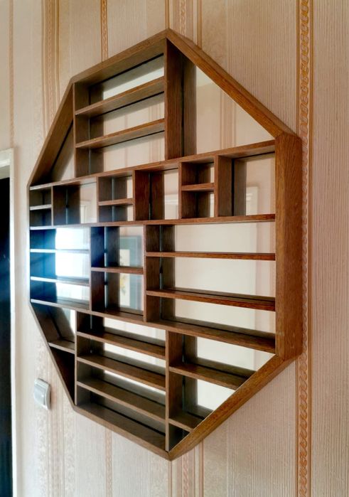 Антикварно дървено огледало осмоъгълна лавица дизайнерско голямо !