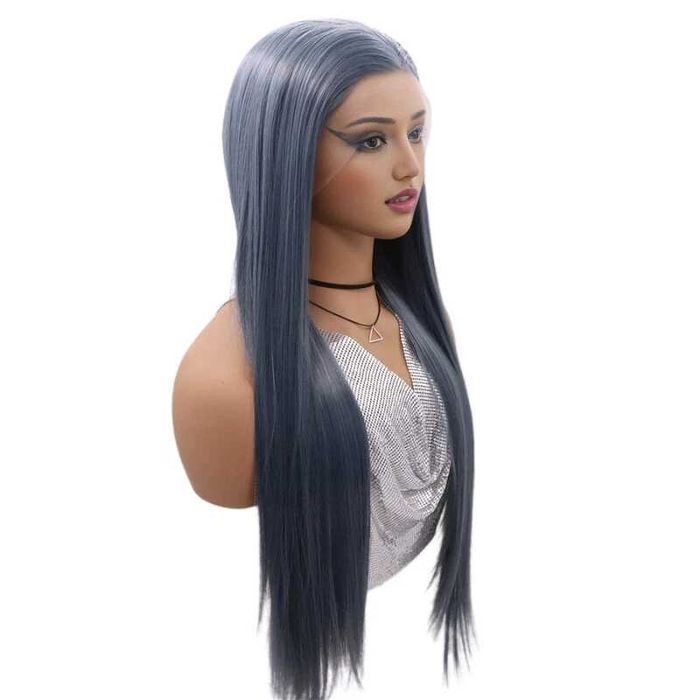 Модерна синьо-сива права перука – 80 см с лейс фронт 13×4