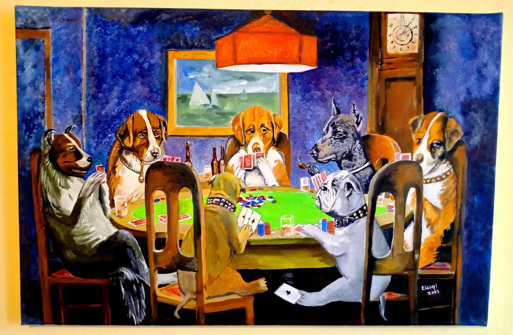 "Trisorii jucand poker", pictura manuala in ulei pe panza