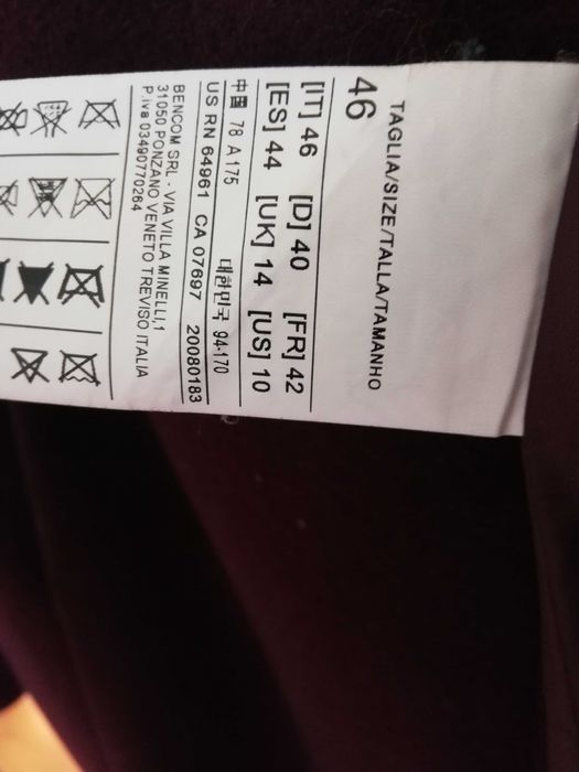 Вълнено палто Benetton размер 40 вишнево