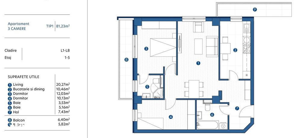 Apartament 3 camere, 2 bai, 81 mp INTABULAT, accept CREDIT, TVA INCLUS — fotografia 3