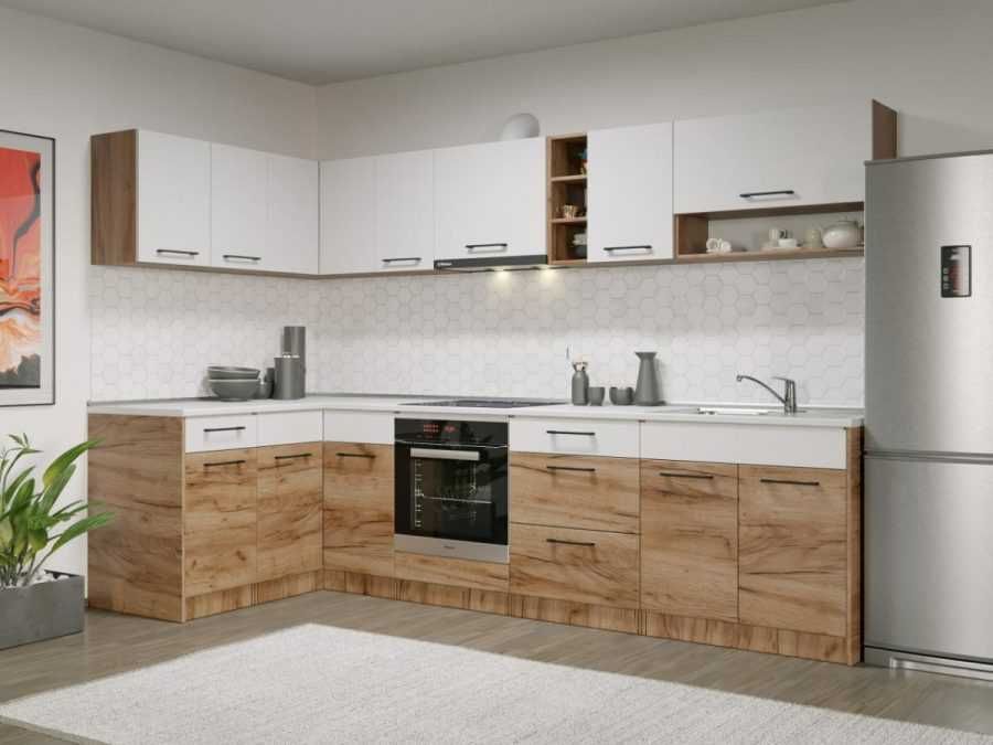 Set Mobila Bucatarie Colt Gastro 140*300 Alb/Stejar – C29