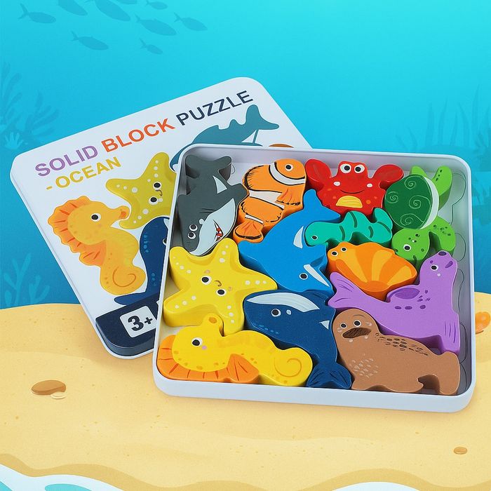 Дървен пъзел Животни 3D пъзел в метална кутия