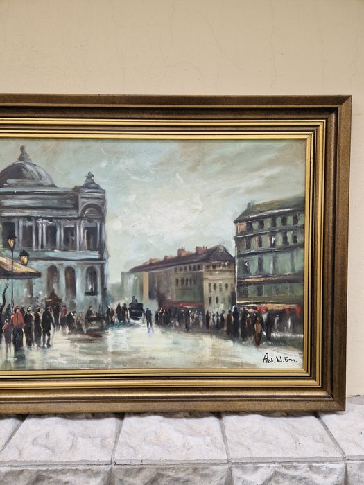 Прекрасна огромна антикварна авторска картина масло върху платно