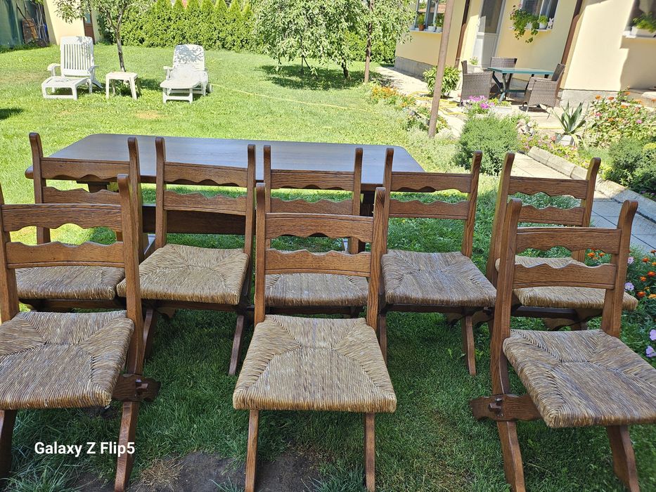 Масивен Трапезен комплект от Дъб и естествен ратан