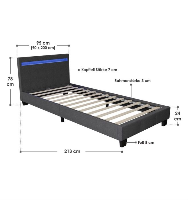 Pat tapițat Juskys cu LED-uri Verona și cadru cu lamele