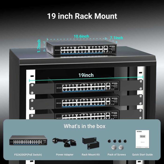 Switch retea ethernet PoE NICGIGA FS2420GP 24 port neadministrat PoE+ / 400W,2 port Gigabit Uplink mod VLAN montare în rack de 19 inch plug and play