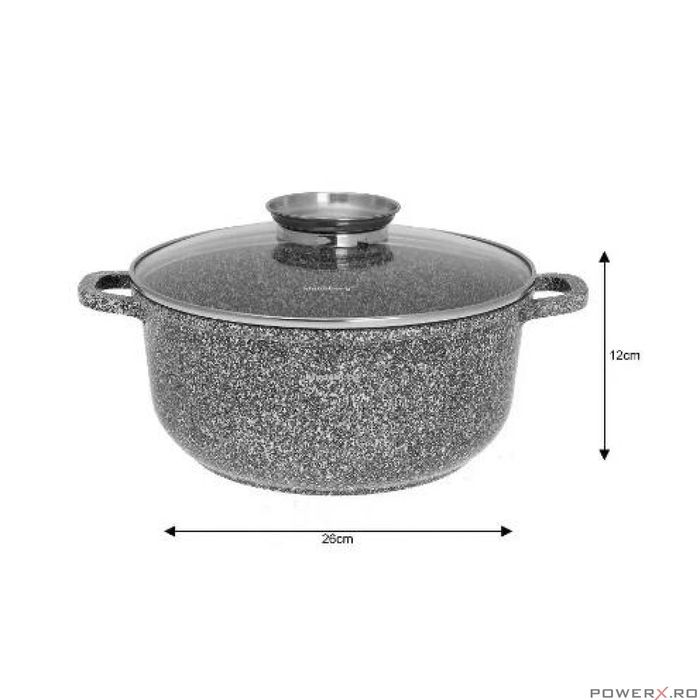Oala cu capac, din aluminiu acoperita cu marmura, 5.6litri, 26cm, gri,