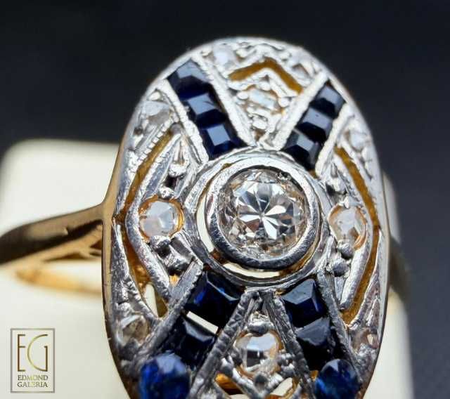 Inel Art Deco din aur și platină, cu diamante, safire,safire sintetice
