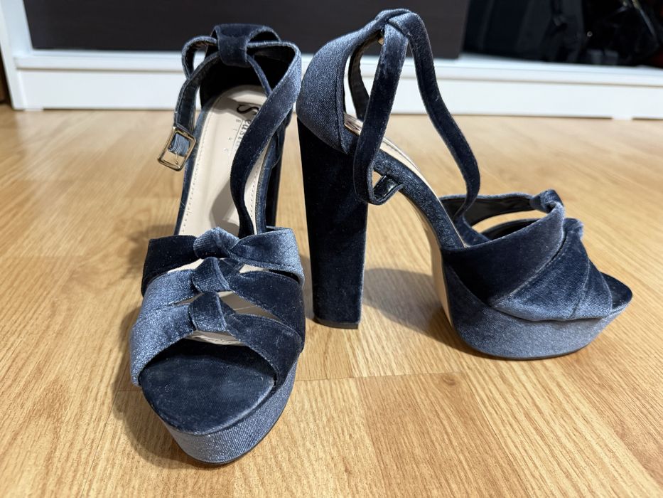 Sandale cu toc gros catifea bleumarin/albastru