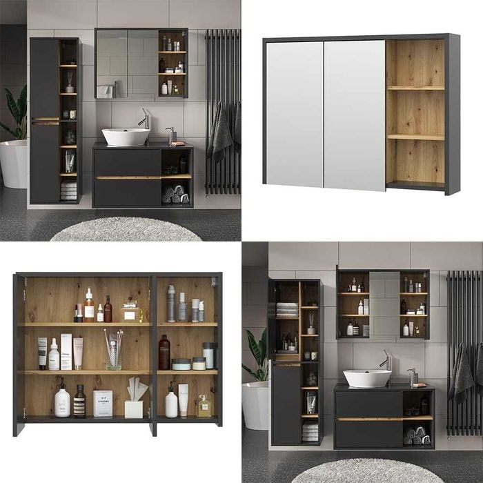 Огледален шкаф за баня Vicco Viola, антрацит/дъб, 100 x 75 см