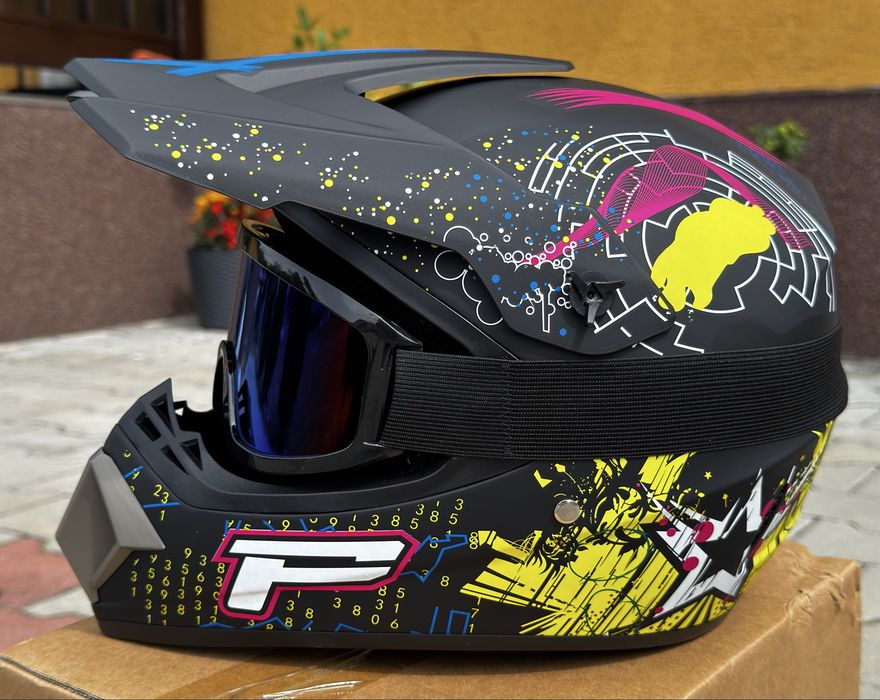 Set Cască Moto Cross/ATV M + Ochelari + Mănuși + Cagulă, Nou, Negru-Galben Mat