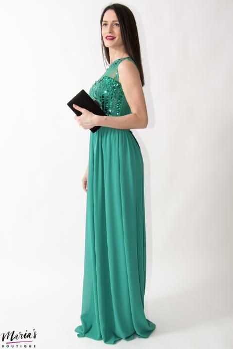Rochie de ocazie verde smarald accesorizată cu paiete - mărimea M