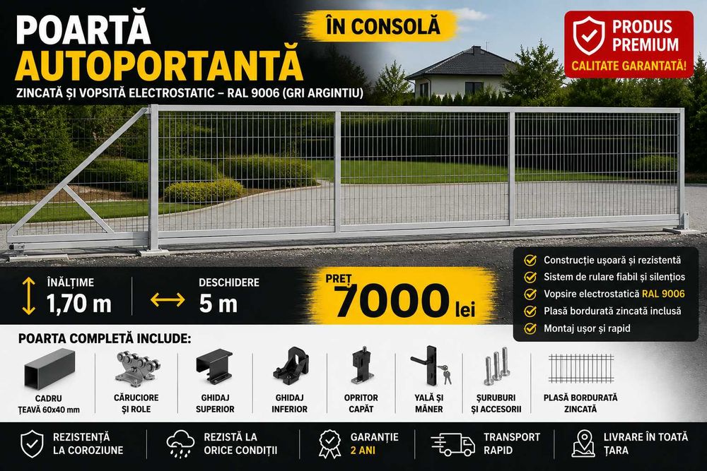 Poartă autoportantă în consolă 5 m x 1.70 m – RAL 9006