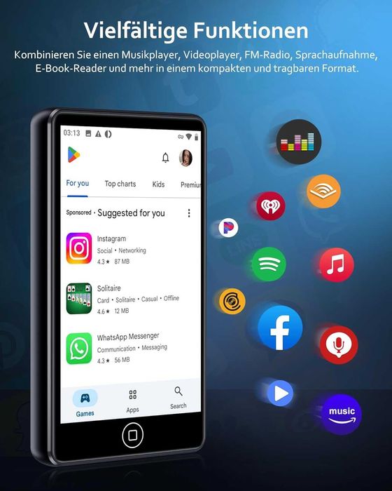 MP3 Плеър AGXOV 144GB с Bluetooth 5.2 – Тъчскрийн, Високоговорител