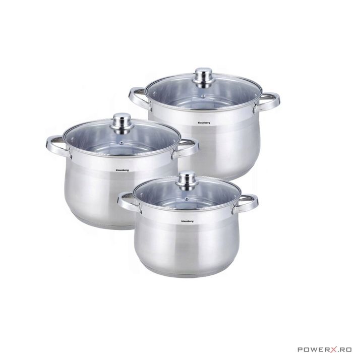 Set 3 oale din inox cu capac din sticla, fund termic multistrat,