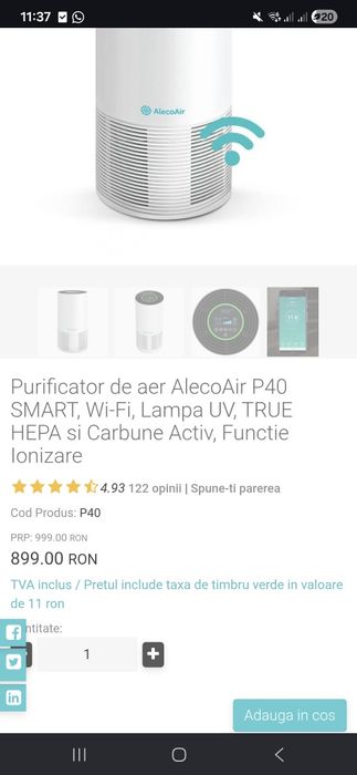 Purificator aer AlecoAir P40 Wi-Fi, Filtru Carbune