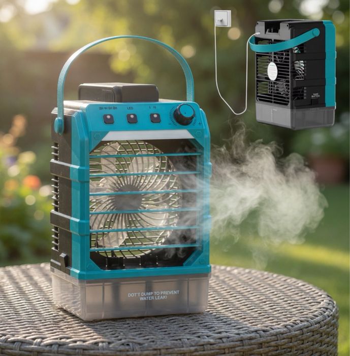 Ventilator portabil cu apă 18V (umidificator), compatibil acumulator Makita, răcire cu ceață + LED