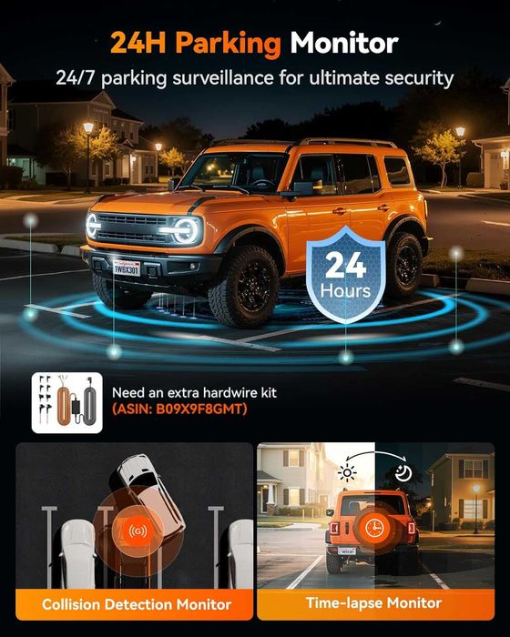 WOLFBOX 60FPS Видеорегистратор, 2.5K+1080P предна и задна камера