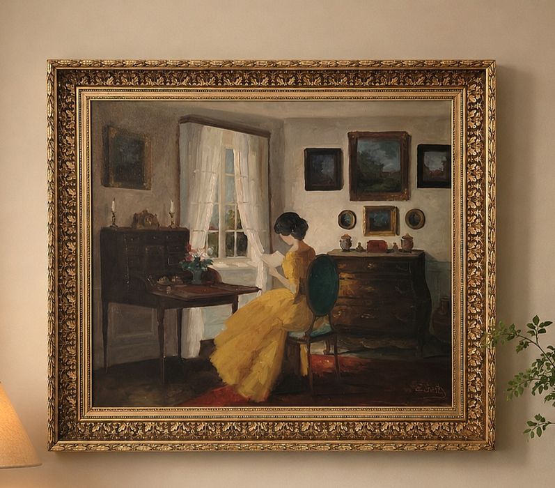 Ulei pe pânză "Femeie la fereastră" realizată de artista daneză Edith Gert (1906–1983)
