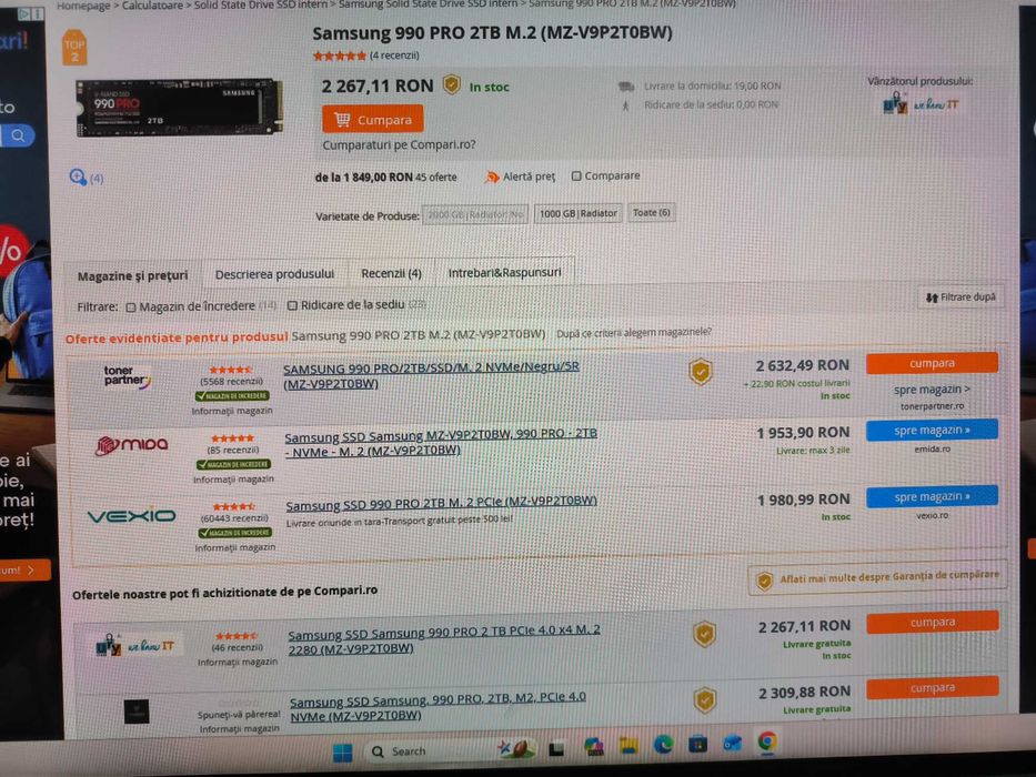 Oferta! SSD Samsung 990 PRO 2TB PCI Express 4.0 x4 M.2 2280/ca nou, stare perfecta