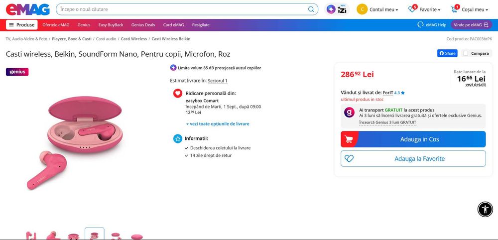 Căști wireless Belkin SoundForm Nano pentru copii fete – Microfon Bluetooth 5.0 Roz 5 ore de redare + 19 ore de incarcare in carcasa