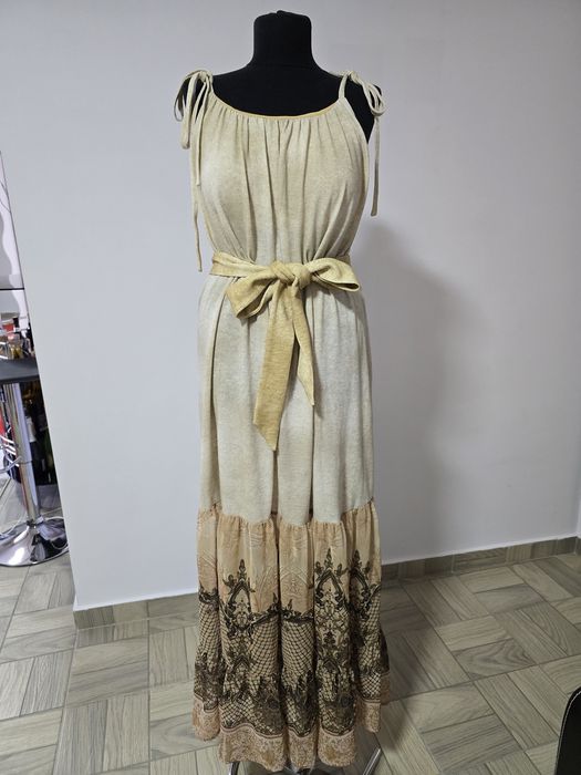 Rochie lunga din bumbac cu volane din sifon, cordon in talie