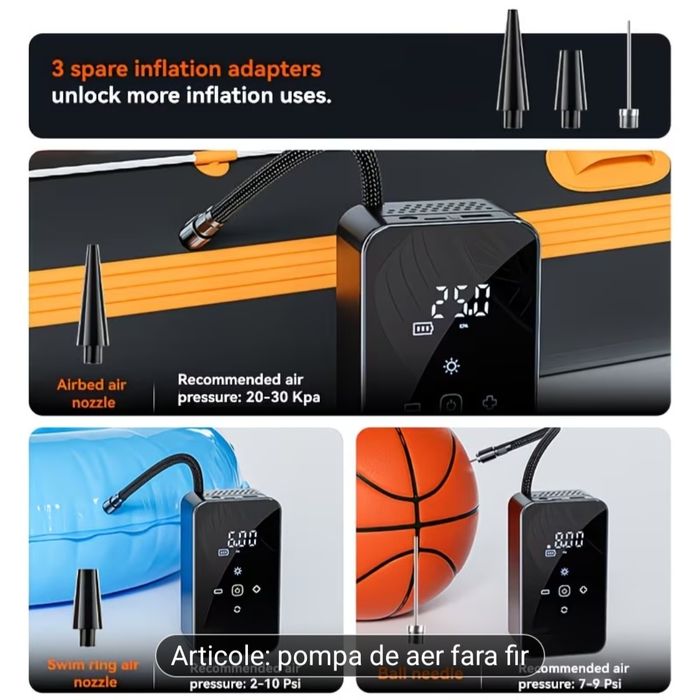 Acest compresor de aer cu utilizare duală, potrivit atât pentru operare wireless, cât și cu fir, dispune de un motor de înaltă performanță