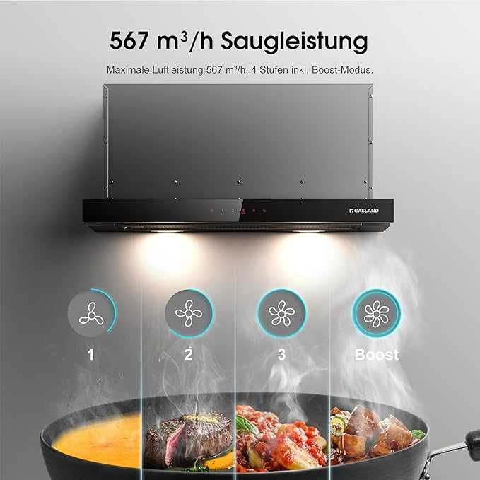 Hotă GASLAND BR60BS A++, 60 cm, cu front din sticlă și control tactil, integrată, 566 m³/h