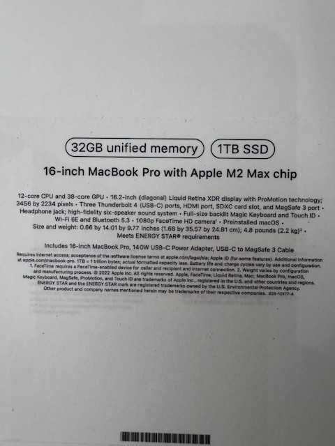 Apple MacBook Pro 16.2",Apple M2 Max chip, 12 CPU, 38 GPU,32GB 1TB SSD
