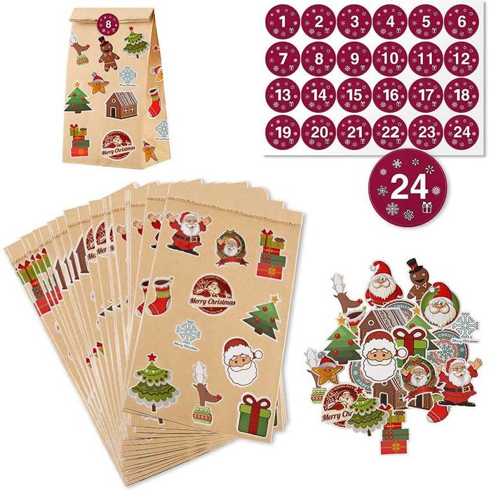 Set 24 pungi calendar Advent copii tematica Craciun, Craft, Multicolor