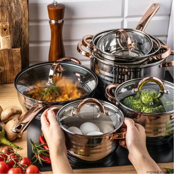 Set 12 piese inox, cu capac din sticla, 5 oale si o tigaie, gri, roze,