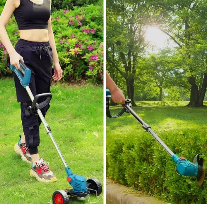 Акумулаторен тример за трева-храсторез с добавени колела и 2 батерии