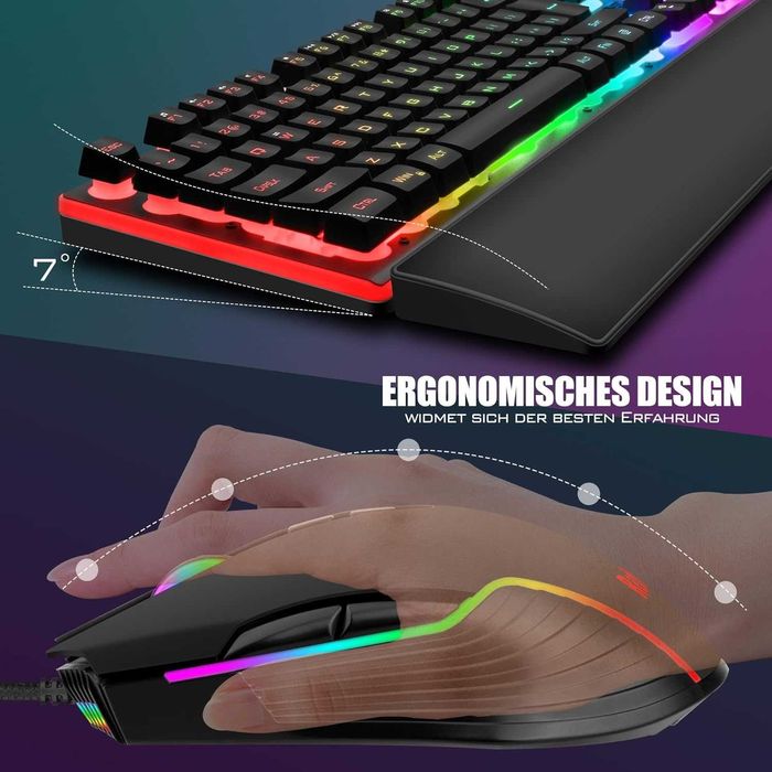 Set tastatura mouse RedThunder K10 gaming cu fir iluminare RGB QWERTZ