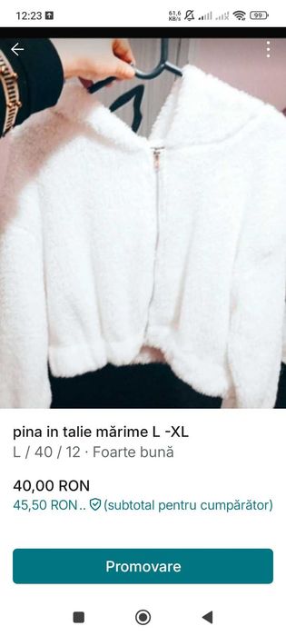 Geaca cu gluga Alba pufoasa scurta pina in talie L